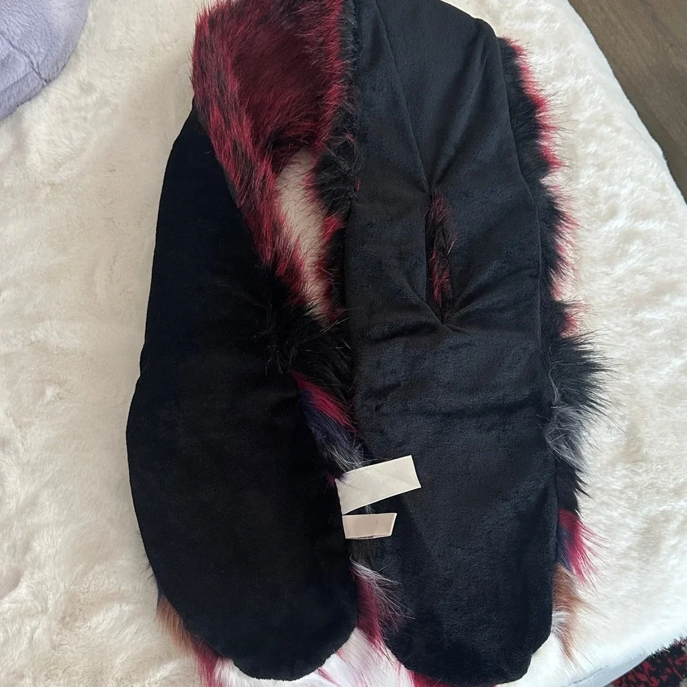 LOFT Burgundy, Blue & Black Faux Fur Scarf Size ~48L